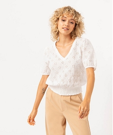 GEMO Tee-shirt à manches courtes en maille ajourée femme blanc chine
