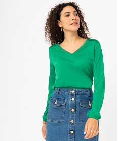 GEMO Tee-shirt à manches longues avec détails dentelle femme vert standard