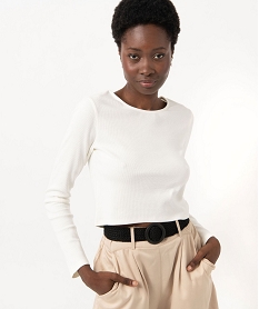 GEMO Tee-shirt court à manches longues en maille côtelée femme blanc chine