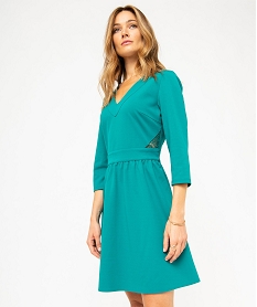 GEMO Robe courte à manches 34 et col V femme bleu canard