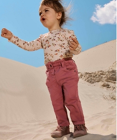 GEMO Pantalon bébé fille en toile de coton avec ceinture froncée Rose