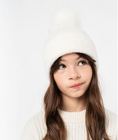 GEMO Bonnet en maille avec pompon poilu fille Blanc