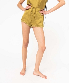 GEMO Short de pyjama en matière satinée et dentelle femme Vert