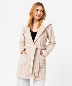 GEMO Robe de chambre femme courte à capuche en maille peluche beige standard