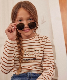 GEMO Tee-shirt manches longues rayé et brodé fille - LuluCastagnette Beige