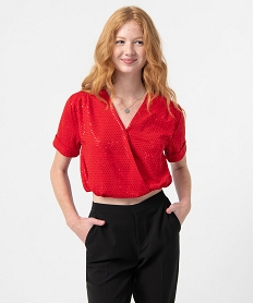 GEMO Tee-shirt femme à manches courtes à paillettes rouge standard