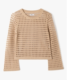 pull fille court en maille ajouree beige pullsJ386701_1