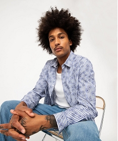 GEMO Chemise manches longues rayée à motif fleuri homme bleu standard