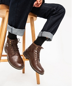 GEMO Boots homme unis à lacets avec zip fantaisie marron chine