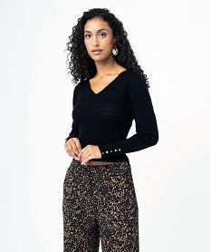 GEMO Pull col V en maille fantaisie coupe ajustée femme Noir