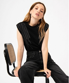 GEMO Tee-shirt à épaulettes avec studs sur l’avant femme Noir