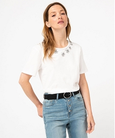 GEMO Tee-shirt à manches courtes avec strass sur le col femme Beige