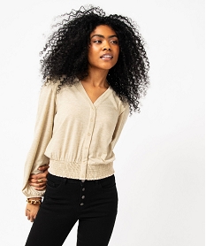GEMO Tee-shirt manches longues boutonné à paillettes femme beige standard