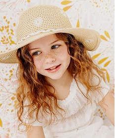 GEMO Chapeau de paille forme capeline à paillettes et fleurs fille Beige