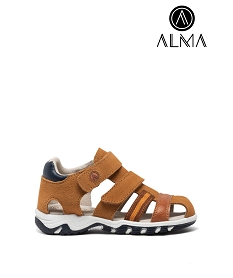 GEMO Sandales garçon en cuir avec brides à scratch et bout fermé - Alma Planète marron standard