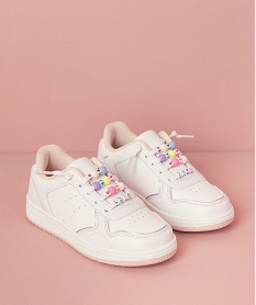 GEMO Baskets fille unis à lacets élastiques fantaisie avec perles Blanc