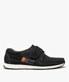 GEMO Chaussures bateau homme confort dessus en cuir uni et à scratch noir vif