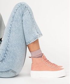 GEMO Baskets femme montantes unies en velours côtelé et à semelle compensée rose standard