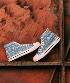 GEMO Baskets femme montantes en toile denim à fleurs brodées bleu standard