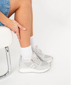 GEMO Baskets femme unies à paillettes avec talon compensé argente