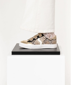 GEMO Baskets femme métallisées avec paillettes à triple scratch Jaune