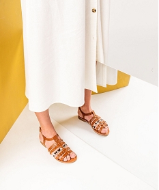 GEMO Sandales femme à talon plat avec brides fantaisie casual Brun