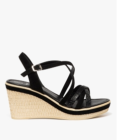 GEMO Sandales femme à talon compensé corde imitation avec brides unies fantaisie noir standard