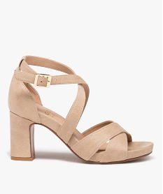 GEMO Sandales femme à talon large en suédine er brides unies croisées beige standard