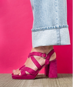 GEMO Sandales femme à talon flare avec brides croisées en suédine rose standard