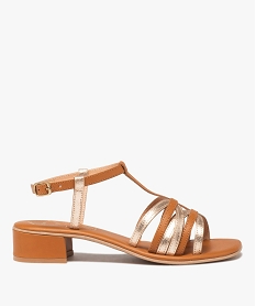 GEMO Sandales femme à petit talon carré en cuir avec brides métallisées - Tanéo marron standard