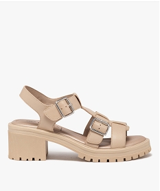 GEMO Sandales femme en cuir uni à talon avec brides à boucle larges beige standard