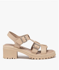 GEMO Sandales femme en cuir uni à talon avec brides à boucle larges Beige