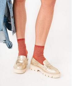 GEMO Mocassins femme unis métallisés à semelle épaisse et crantée dore