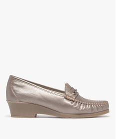 GEMO Mocassins femme confort dessus en cuir uni et à talon épais Brun