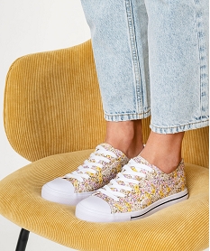 GEMO Baskets femme en toile à motif fleuri et semelle épaisse Imprimé