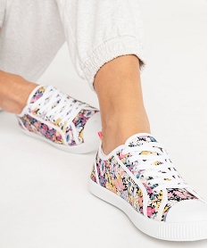 GEMO Baskets femme en toile avec lacets et à semelle contrastante Multicolore