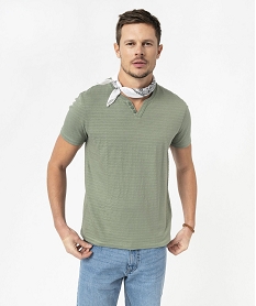 GEMO Tee-shirt manches courtes col fantaisie à rayures jacquard homme vert standard