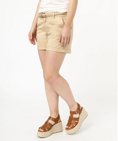 GEMO Short chino en stretch avec ceinture tressée dorée femme beige standard