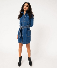 GEMO Robe en jean à manches longues avec large ceinture femme Bleu