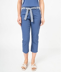 GEMO Pantacourt slim taille haute en coton stretch avec ceinture à nouer femme bleu standard