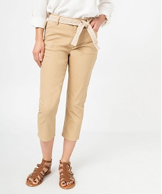 GEMO Pantacourt slim taille haute en coton stretch avec ceinture à nouer femme beige standard