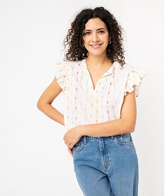 GEMO Blouse ample manches volantées à rayures multicolores femme blanc chine
