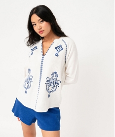 GEMO Blouse à manches 34 brodée en gaze de coton femme blanc chine
