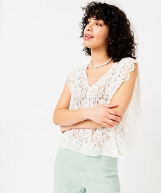 GEMO Blouse sans manches encolure V en dentelle et crochet femme blanc chine