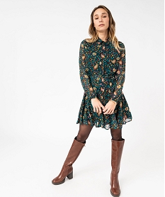 GEMO Robe chemise manches longues en voile imprimé et pailleté femme Vert