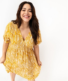 GEMO Robe imprimée à manches courtes et col V femme grande taille imprime feuillage pink