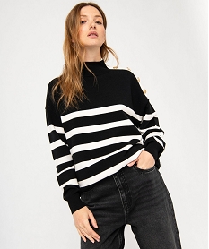 GEMO Pull rayé loose à col cheminée et boutons femme rayure noir  blanc