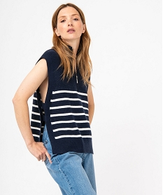 GEMO Pull sans manches rayé avec col zippé femme Bleu