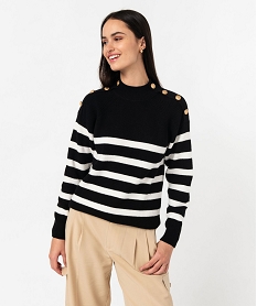 GEMO Pull rayé avec boutons sur les épaules femme rayure noir  blanc