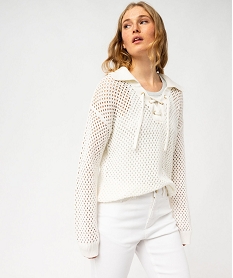 GEMO Pull en maille ajourée avec col à lacets femme blanc chine